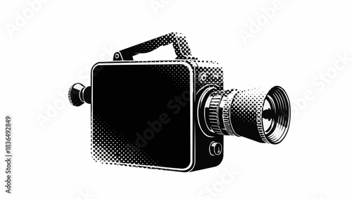 Vintage movie camera in a classic black and white engraving style.