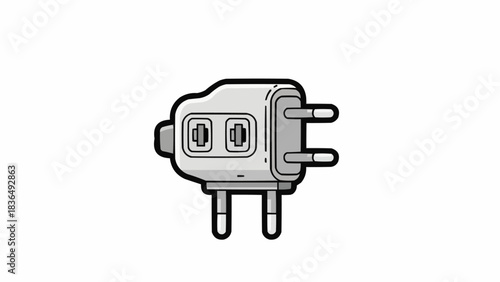 Electrical plug adapter for power outlet with two sockets for devices.