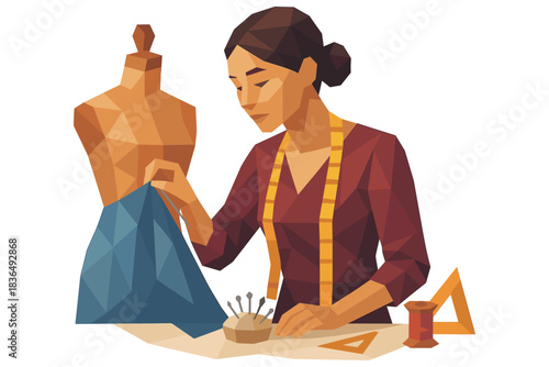 Geometric art of female tailor sewing beside mannequin with tools and fabric