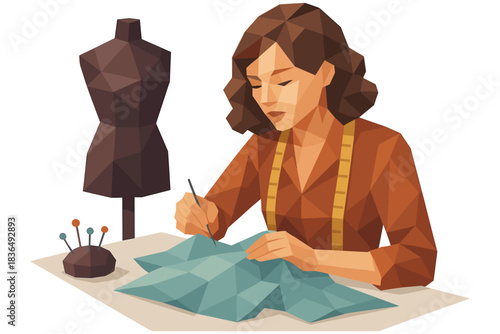 Low poly sewing scene with dressmaker working on fabric design