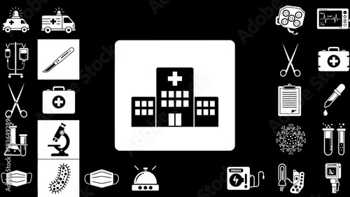 Medical healthcare icon set including hospital ambulance equipment and laboratory elements isolated on black background depicting various healthcare treatment options vector