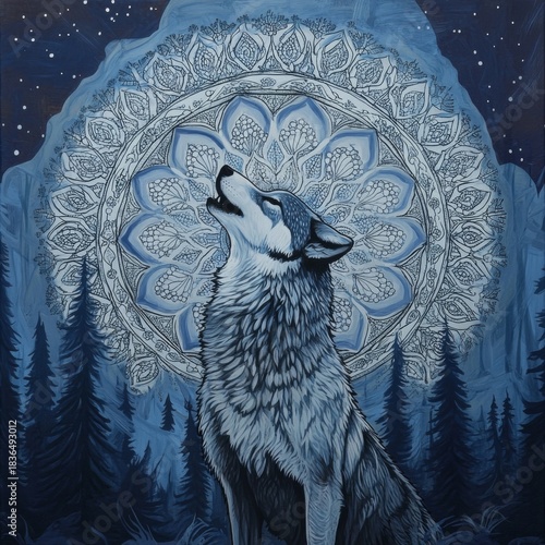 A Howling Wolf Before A Mandala In A Forest