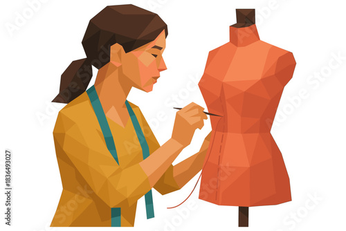 Polygonal style seamstress working on mannequin with needle and thread