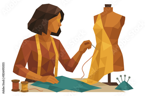 Geometric seamstress crafting garment with mannequin and sewing materials