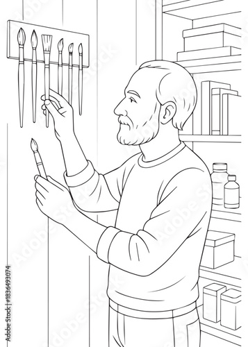 coloring book Father painter selecting brushes from the tool rack