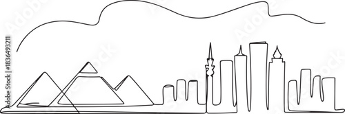 City scape skyline Cairo Egypt pyramids sketch vector art continuous line drawing abstract style. one line Icon drawing