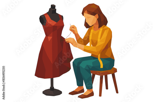 Low poly seamstress crafting dress on mannequin in studio setting