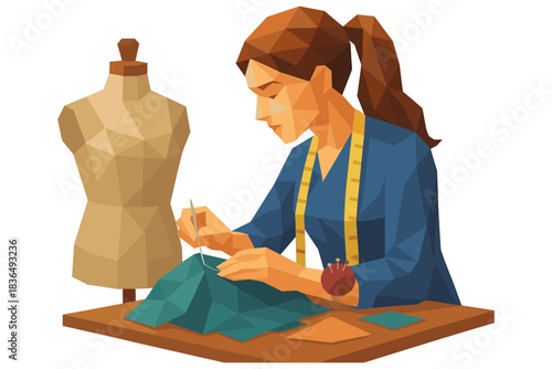 Low poly designer sewing in studio with dress form and fabric