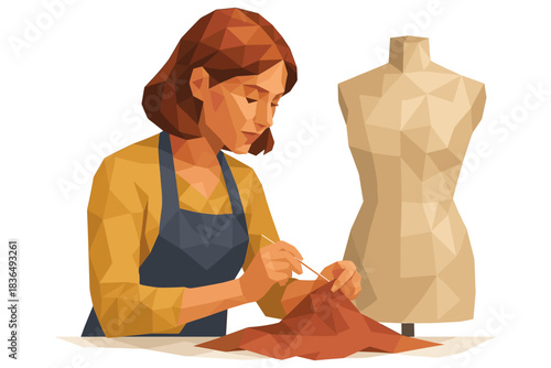 Geometric art designer sewing with mannequin in low poly style
