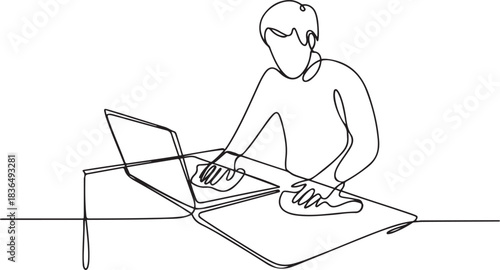One continuous line drawing of a cleaning office activity vector illustration. Laptop cleaning in simple linear style. one line Icon drawing