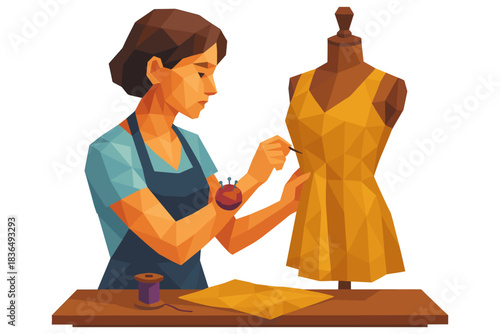 Polygonal dressmaking scene with seamstress and dress form in geometric style