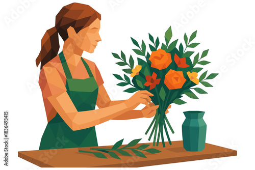 Florist arranging colorful bouquet in low poly style at flower shop counter