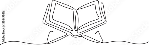 Continuous one line drawing of opened Quran. Single line drawing illustration of muslim holy book. Muslim ramadan kareem concept vector. one line Icon drawing