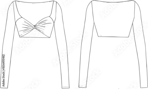 Women’s crop top fashion technical sketch, front and back view with twist detail, fitted sleeves, garment design outline, flat vector