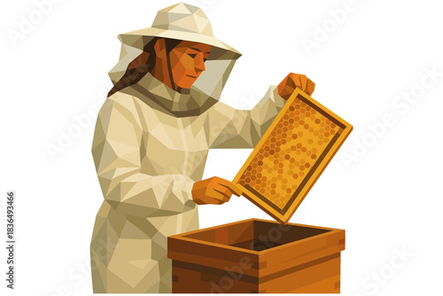 Low poly beekeeper in protective gear inspecting a honeycomb frame