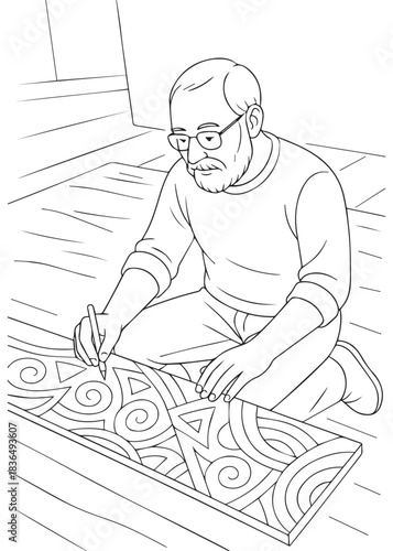 coloring book Father painter drawing decorative art pattern on wooden panel