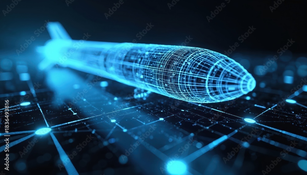 Naklejka premium Blue glowing wireframe missile model represents advanced digital tech design. Futuristic weapon structure shows complex engineering data. Cyber military concept on dark circuit background visualizes