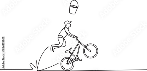 a bucket jumping into the air with a bike performs. one line Icon drawing