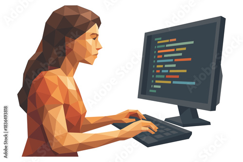 Polygonal woman coding at desk with computer screen showing colorful text