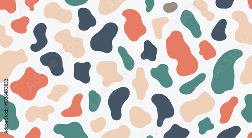 Seamless abstract pattern featuring organic, flowing shapes in a muted color palette of terracotta, teal, and beige on a light background.