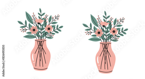 Charming hand-drawn illustration featuring two identical pink glass vases filled with beautiful pink flowers and lush green foliage.