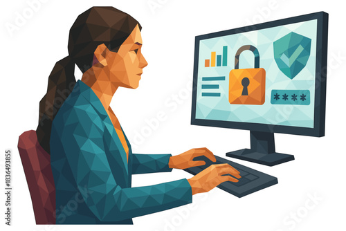 Low poly woman at computer ensuring data security with lock and shield icons