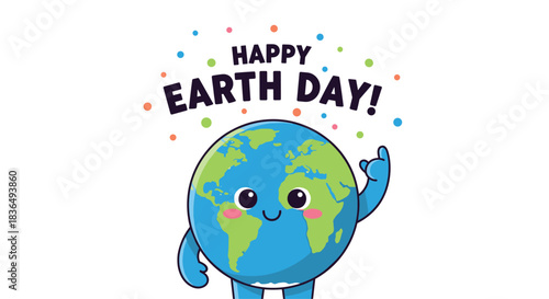 Cute cartoon Earth character smiling and giving a shaka sign with colorful confetti and Happy Earth Day text on a white background.