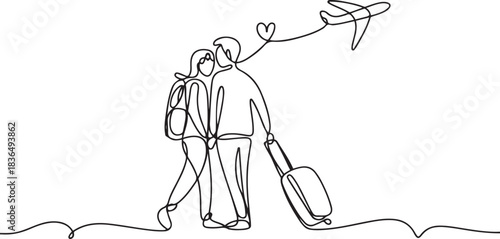 Lovers are traveling. Travel one-line drawing. Travel one-line drawing. one line Icon drawing