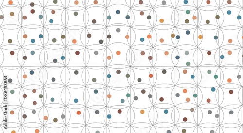 Abstract geometric pattern featuring a grid of overlapping circles with colorful dots scattered throughout a clean white background.