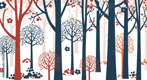Stylized forest scene featuring a dense pattern of trees in shades of navy blue and terracotta with whimsical flowers and berries.