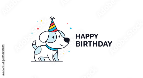 Minimalist happy birthday card design featuring a cute cartoon puppy wearing a colorful party hat next to simple, bold text.
