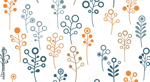 Minimalist seamless pattern of stylized sprigs with berries and circles in a simple blue and orange color palette on white.