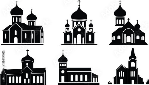Church silhouette collection with domes and spires, religious architecture styles featuring crosses and onion shapes, Eastern design elements, flat vector