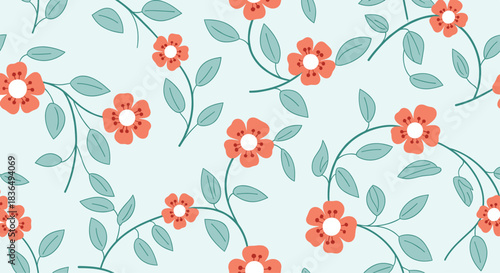 Seamless floral pattern with charming orange flowers on winding green stems with leaves, set against a light blue background.