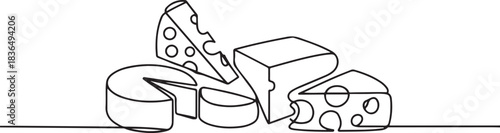 Set of different cheese one line continuous drawing. Cheese products continuous one line illustration. one line Icon drawing