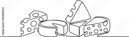 Set of different cheese one line continuous drawing. Cheese products continuous one line illustration. one line Icon drawing