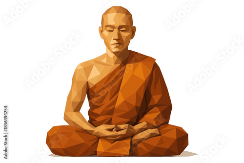 Low poly meditation monk in orange robe embracing inner peace and tranquility