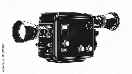 Vintage dual lens movie camera in a monochrome illustration style.