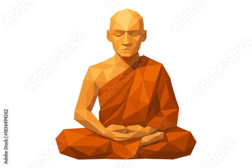 Low poly buddhist monk in meditation pose with orange robes