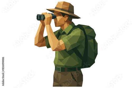 Low poly explorer with binoculars and backpack in nature adventure gear scene