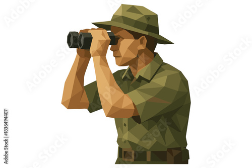 Low poly ranger observing through binoculars in safari outfit