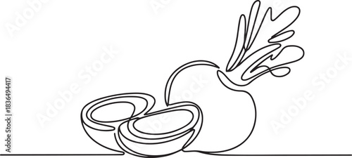 Single continuous line drawing sliced healthy organic white turnip for plantation logo identity. Fresh veggie concept for root vegetable icon. one line Icon drawing