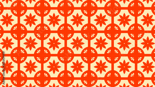 Geometric orange tile pattern with repeating ornamental shapes for textile, stationery and surface design