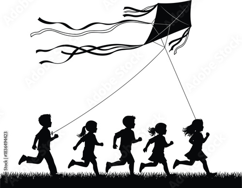 Children running on grass flying kite, joyful outdoor activity, teamwork and playtime in black silhouette illustration, childhood fun, flat vector