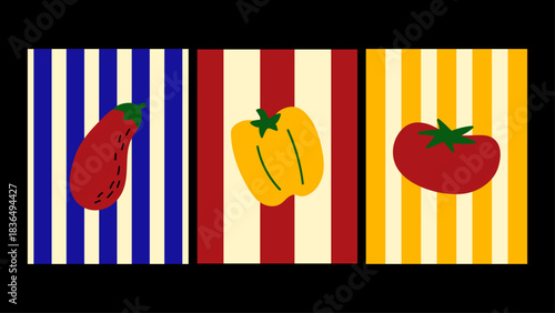 Vintage vegetable posters with striped retro background, bold typography and classic market style illustrations.