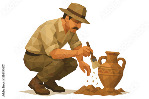 Low-poly archaeologist examines ancient pottery with brush