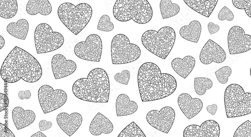 Seamless black and white pattern of scattered hearts filled with a complex, abstract mosaic of geometric shapes and lines.