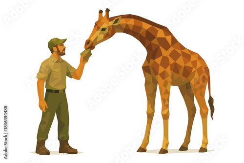 Low poly giraffe with zookeeper interaction in geometric style
