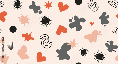 Playful seamless pattern with a variety of abstract shapes, hearts, and doodles in a trendy, muted retro color palette.