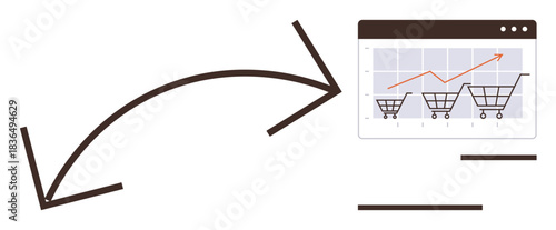 Shopping carts with growth graph inside a browser window, curved arrows symbolizing progress and success. Ideal for e-commerce, digital sales, analytics, growth, online trends, marketing, simple flat